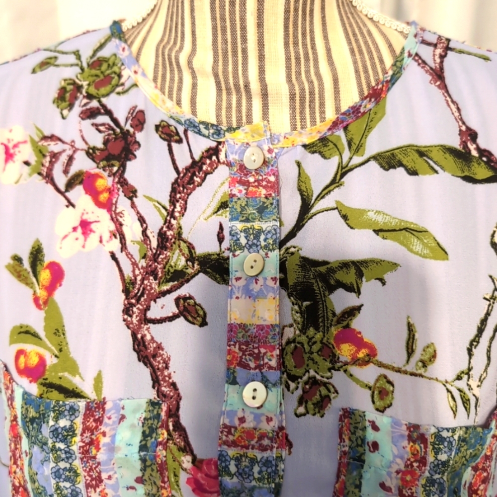 Figueroa & Flower Women's Tunic M Purple Floral‎ 3/4 Sleeves Boho Cottage Whimsy - Picture 8 of 11